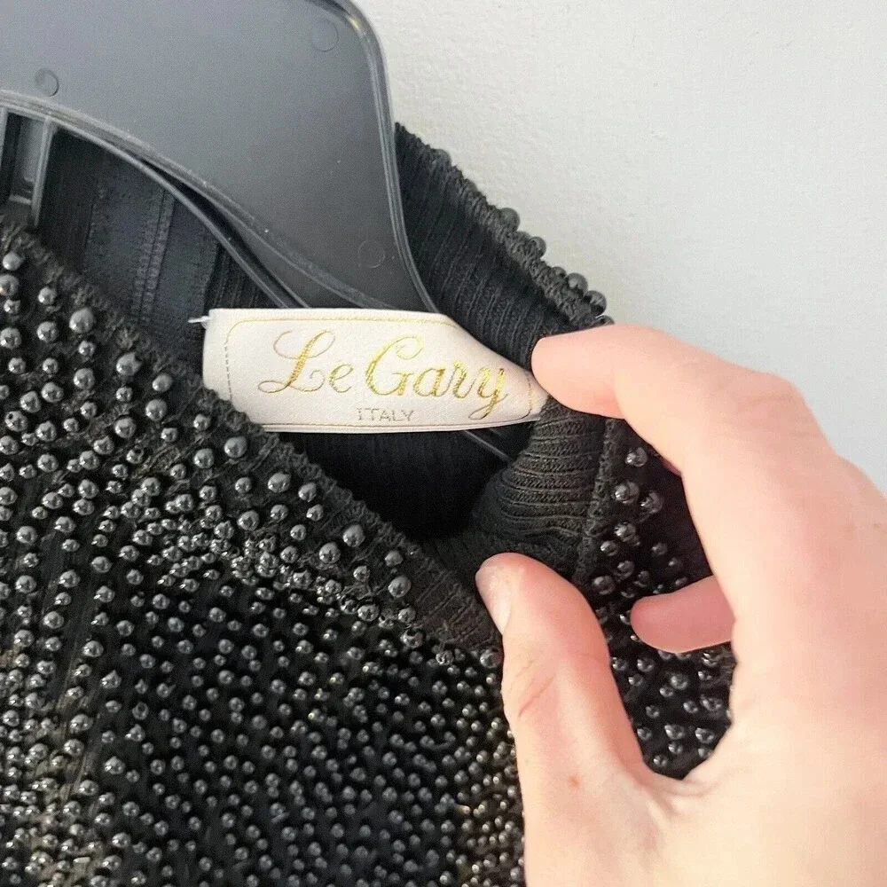 Le Gary Black Beaded Sweater Women's Medium Knit Mock Neck Long Sleeve Italy